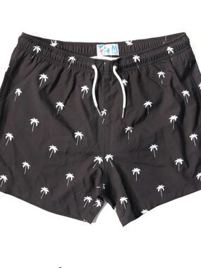 Bermies Men’s Black Swim Trunks Shorts Palm Trees Tropical 5” Drawstring Beach
